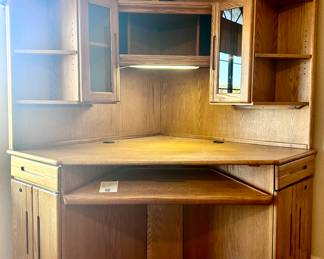 Large corner wood office workspace desk and cabinet