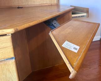 Large corner wood office workspace desk and cabinet - adjustable keyboard platform