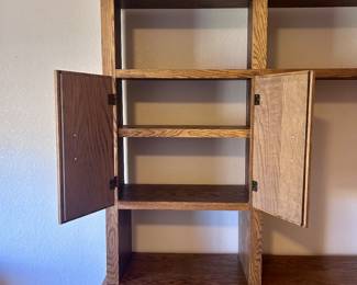 Wood office workspace desk and cabinet