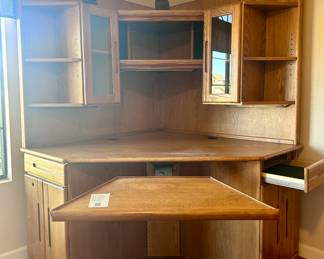 Large corner wood office workspace desk and cabinet - moving keyboard platform