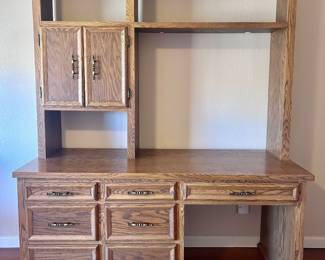 Wood office workspace desk and cabinet