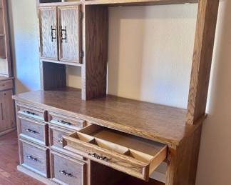 Wood office workspace desk and cabinet with drawers