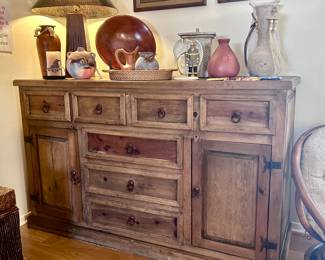 Wood console table with storage cabinets and drawers