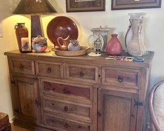 Wood console table with storage cabinets and drawers