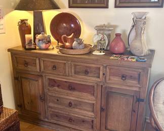 Wood console table with storage cabinets and drawers