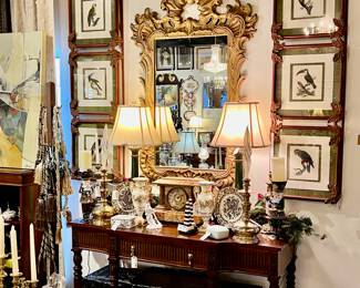 Two sets of three Antique Hand Colored Engravings with frames by John Richard, Antique Mahogany Server,  Antique Seth Thomas Mantle Clock