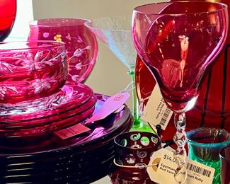 Red Glass Luncheon and Salad Plates, cut to Clear Crystal 