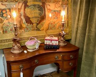Vintage/Antique Writing Desk, Woven Majolica Basket, Pair of Italian Art Nouveau Lamps