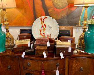 Collection of Wooden Antique Tea Caddy's, Antique English and Chinese Coin Boxes, Antique Travel Toiletry Box, Antique Jewelry Boxes.  Antique Georgian Serpentine English Mahogany Server 