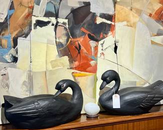 Pair of Carved Wood Ducks, Original Signed Oil on Canvas