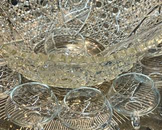 Vintage Smith Glass Flared "Daisy and Button" Punchbowl Set with Glasses, Glass Ladle and Glass Tray 