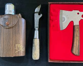 Vintage flask, bottle opener, cheese knife
