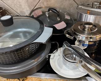 Caphalon cookware, ricer, vintage Whirley popcorn maker