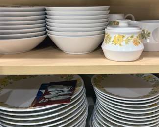 Noritake Progression China “Sunnyside” with dinner + salad plates, bowls, mugs, saucers, butter dish, serving bowls
