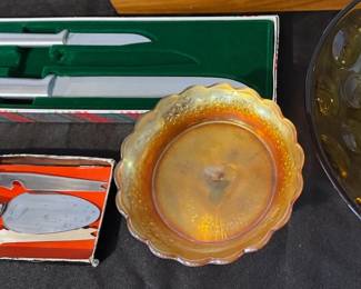 Vintage cheese knives, glass plates