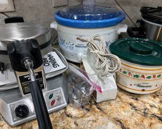 Waring waffle maker, vintage Crock pots