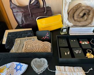 Vintage beaded purses, assorted jewelry, mink boa