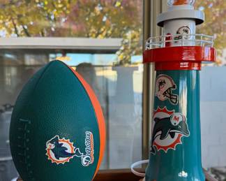 Miami Dolphins NFL memorabilia: football, lighthouse, chip + dip bowl, jersey