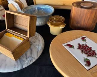 Marble + wood lazy susans, wooden recipe box