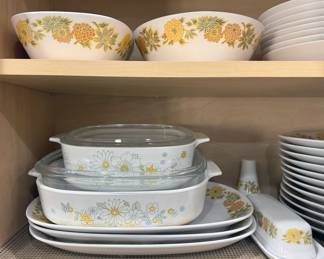 Vintage Corning “Floral Bouquet” covered casserole dishes; Noritake Progression China “Sunnyside” with dinner + salad plates, bowls, mugs, saucers, butter dish, serving bowls