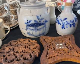 Ceramic, wood carved trivets from India