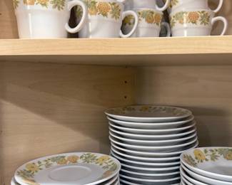 Noritake Progression China “Sunnyside” with dinner + salad plates, bowls, mugs, saucers, butter dish, serving bowls