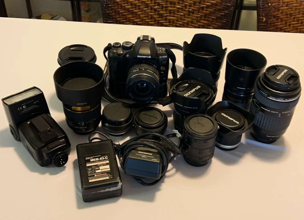 Olympus E620 Digital Camera with a Flash and Ten Lenses 