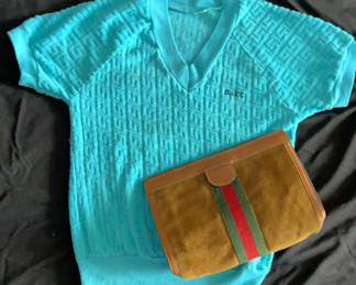 Original Vintage Gucci Suede And Leather Clutch Handbag With Gucci VNeck Cotton ShirtSleeved Sweat