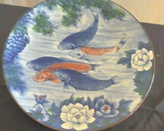 Koi Fish Plate Platter Signed by Artist Sun Ceramics Japan Serving Plate 12 1 2 d Toyo Japanese