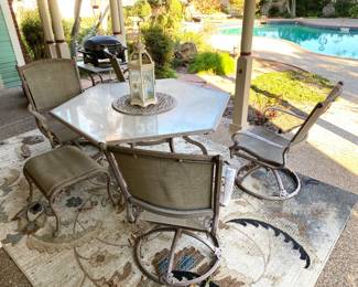VERY LARGE SET, GLASS TOP SWIVEL PATIO SET.