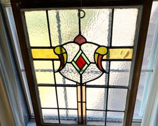 ANTIQUE LEADED STAINED-GLASS PANEL.