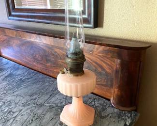 Vintage Aladdin pink rose moonstone Corinthian oil table lamp w/ burner & chimney. 12.5”.