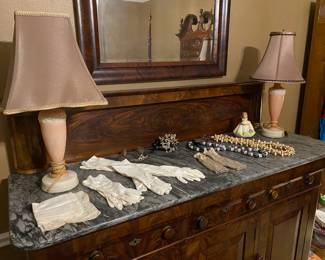 SET OF ANTIQUE PINK LAMPS AND MORE.