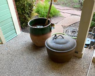 ANTIQUE METAL POT AND LARGE CLAY PLANTER