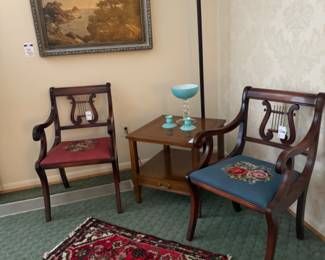 Lyre Back Accent Chair (A and B), Hammary Italian Provincial End Table, Floor lamp, Robert Wood 