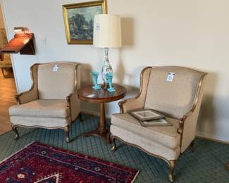Lyre Back Accent Chair, Milk Glass Lamp, Blue Hobnail Vases