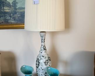 Milk Glass Lamp, Blue Hobnail Vases