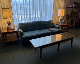 Side tables, table lamps, La Mirada 564 Pottery, Upholstered Sofa, Mid Century Modern Coffee Table