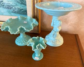 Turquoise Ruffled Compote, Blue Milk Glass Pedestal Bowl