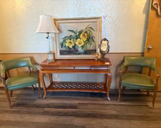 Gilt Floral Metal Table Mirror, Cut Glass Table Lamp