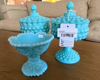 Turquoise Hobnail Candy Dish, Blue Milk Glass Pedestal Bowl