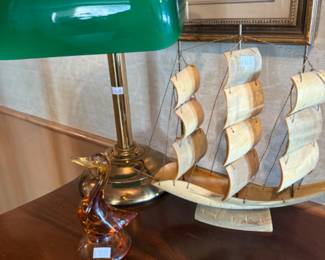 Glass Duck Figurine, Vintage Horn Bone Model Ship, Touch Bankers Lamp
