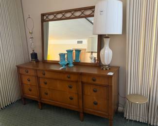 Marble and Glass Lamp Base, Turquoise Ruffled Compote, Porcelain Table Lamp (B),  Blue Hobnail Vases