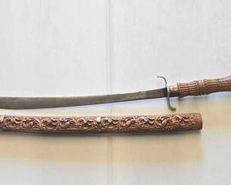 8092  Sword W Wooden Carved Handle  Sheath