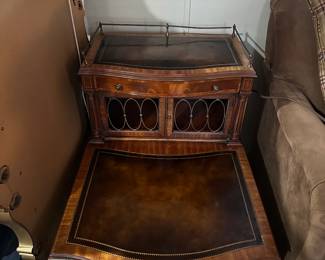 Two tier leather top inlay end table. 2 available 