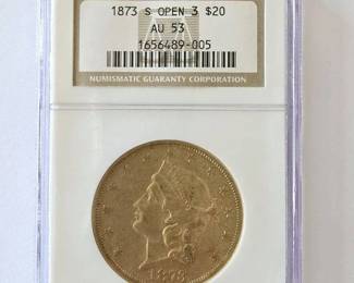 1873 S Open 3 Variety $20 Gold Double Eagle Graded NGC AU53 Almost Uncirculated Condition