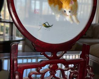 Cute!  Vintage Chinese Silk Embroidered Cat 2 sided