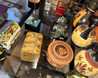 Archaic? Greek Oinochoe vessels, Russian birch bark box (say that 10 times fast), Egyptian trinket boxes