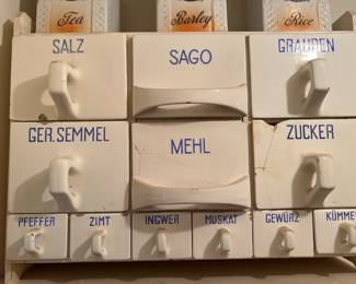 Blue on White Porcelain(?) German Labeled Spice Cabinet