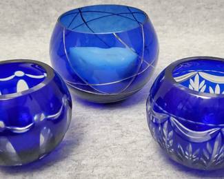 Cobalt Blue CuttoClear Crystal Candle Holders, Art Glass